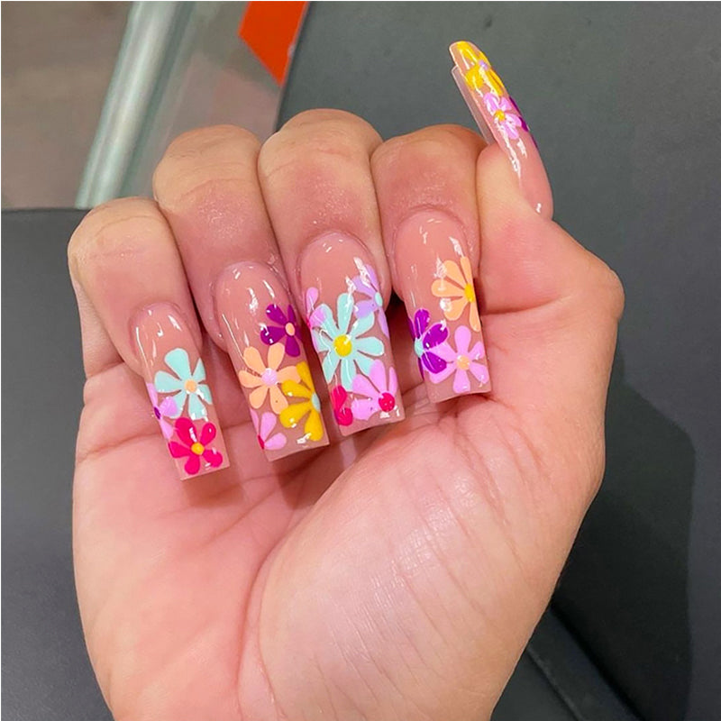 Skinlyx 24 PCS Long Flat Flower Nail Tips – Square Head False Nails