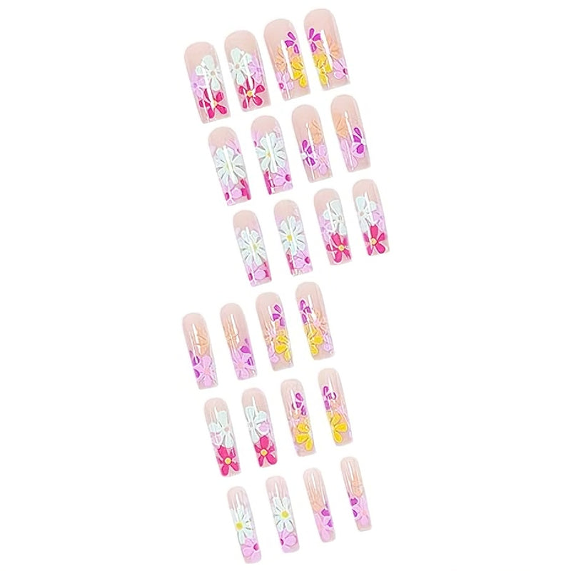 Skinlyx 24 PCS Long Flat Flower Nail Tips – Square Head False Nails